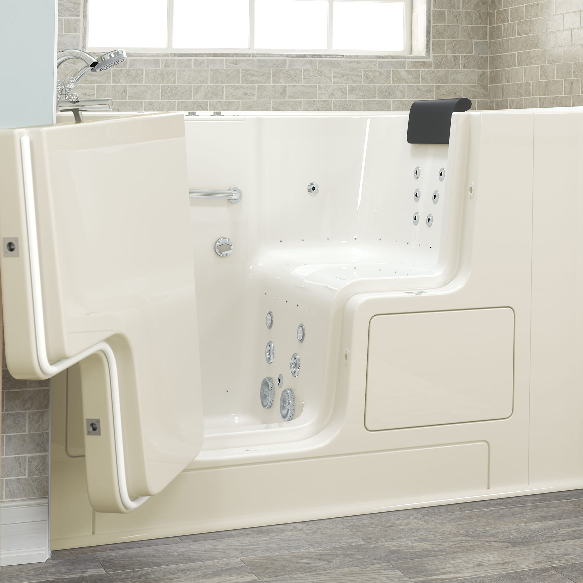 Gelcoat Premium Series 32 x 52  Inch Walk in Tub With Combination Air Spa and Whirlpool Systems   Left Hand Drain With Faucet WIB LINEN
